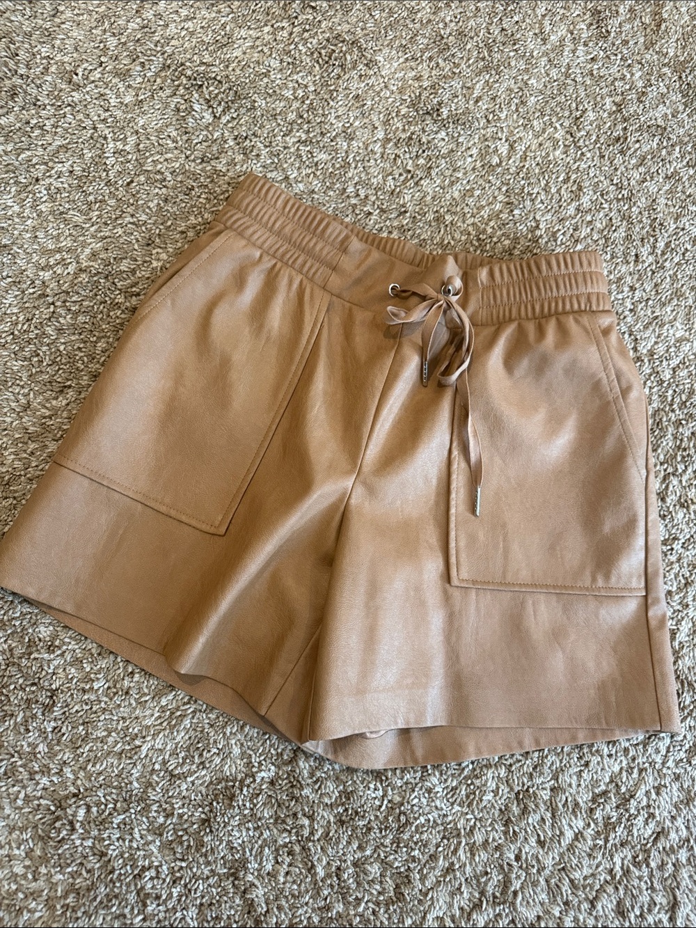PHILANTHROPY Faux Leather Drawstring Shorts in Camel Tan